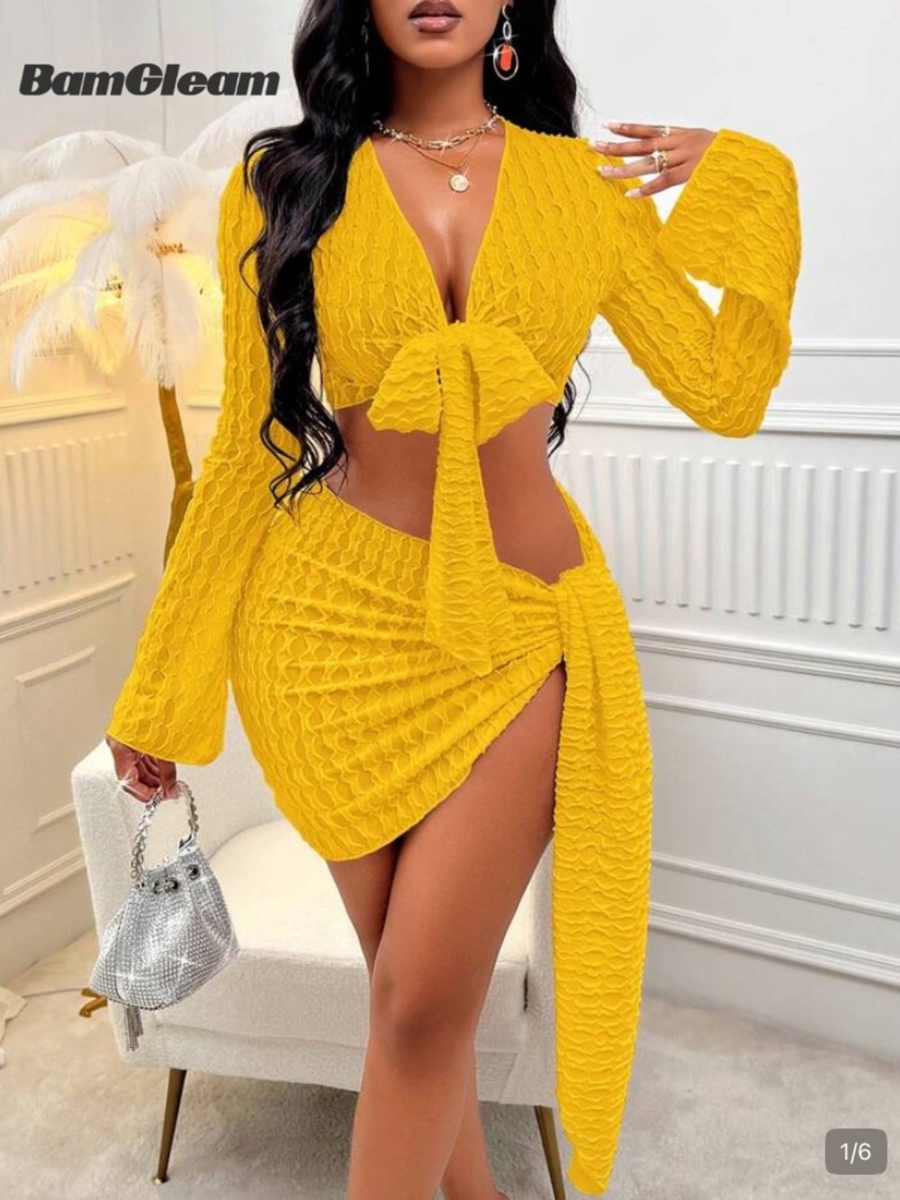 Brand New Mustard Yellow Tie-Front Textured Swimsuit CoverMatching Skirt Set
